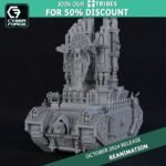 Tanque Exorcista de las Adepta Sororitas de Warhammer 40K con lanzamisiles y decoración religiosa