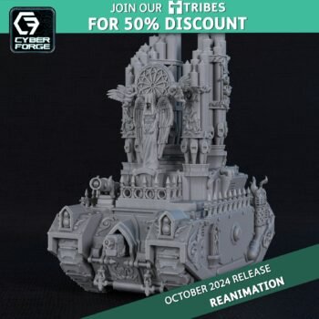 Tanque Exorcista de las Adepta Sororitas de Warhammer 40K con lanzamisiles y decoración religiosa