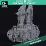 Vehículo Exorcista Adepta Sororitas con iconografía imperial y armamento pesado