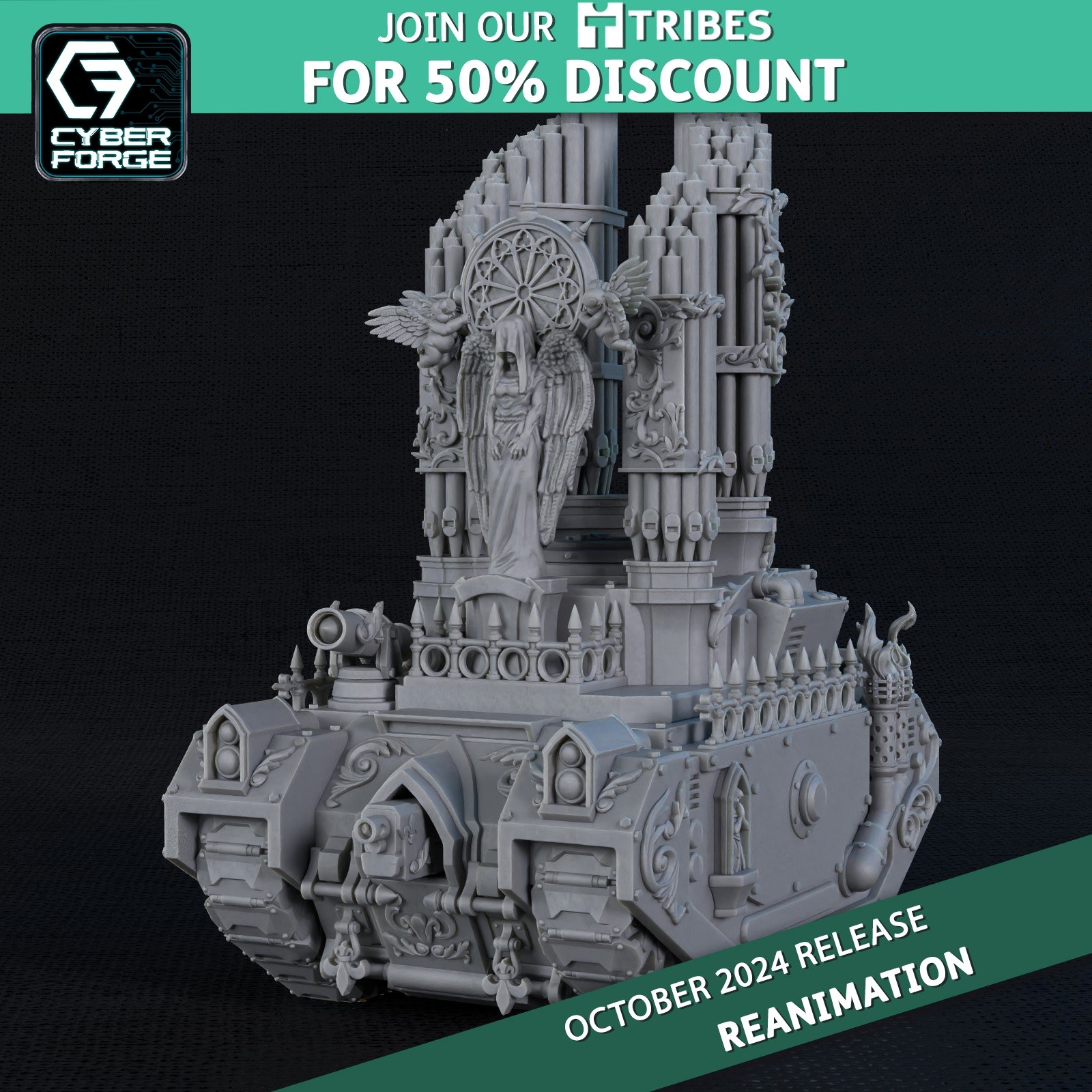 Vehículo Exorcista Adepta Sororitas con iconografía imperial y armamento pesado