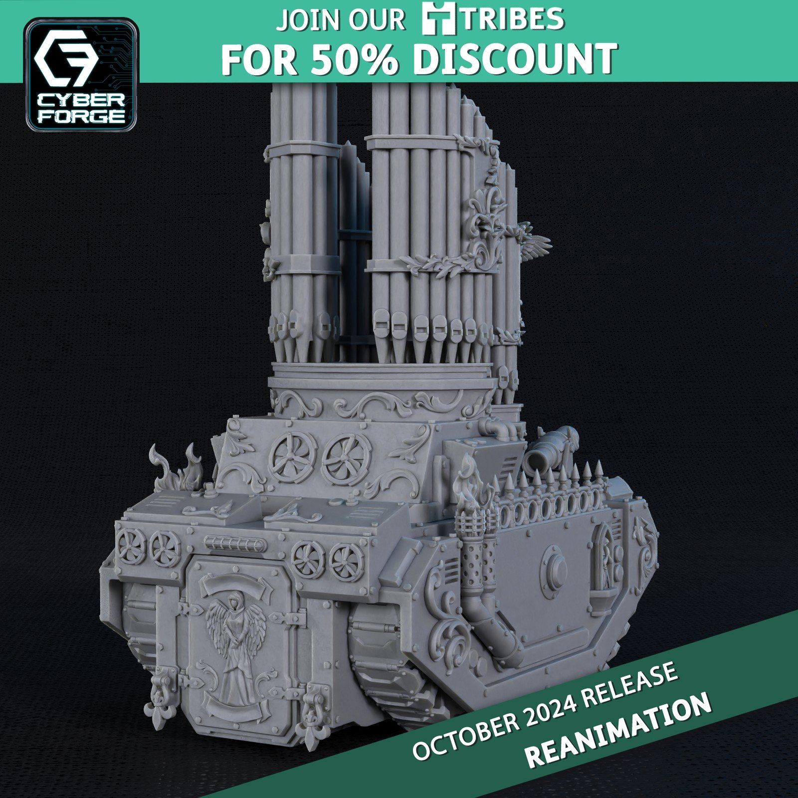 Exorcista de las Hermanas de Batalla, tanque artillero con órgano lanzamisiles en Warhammer 40K