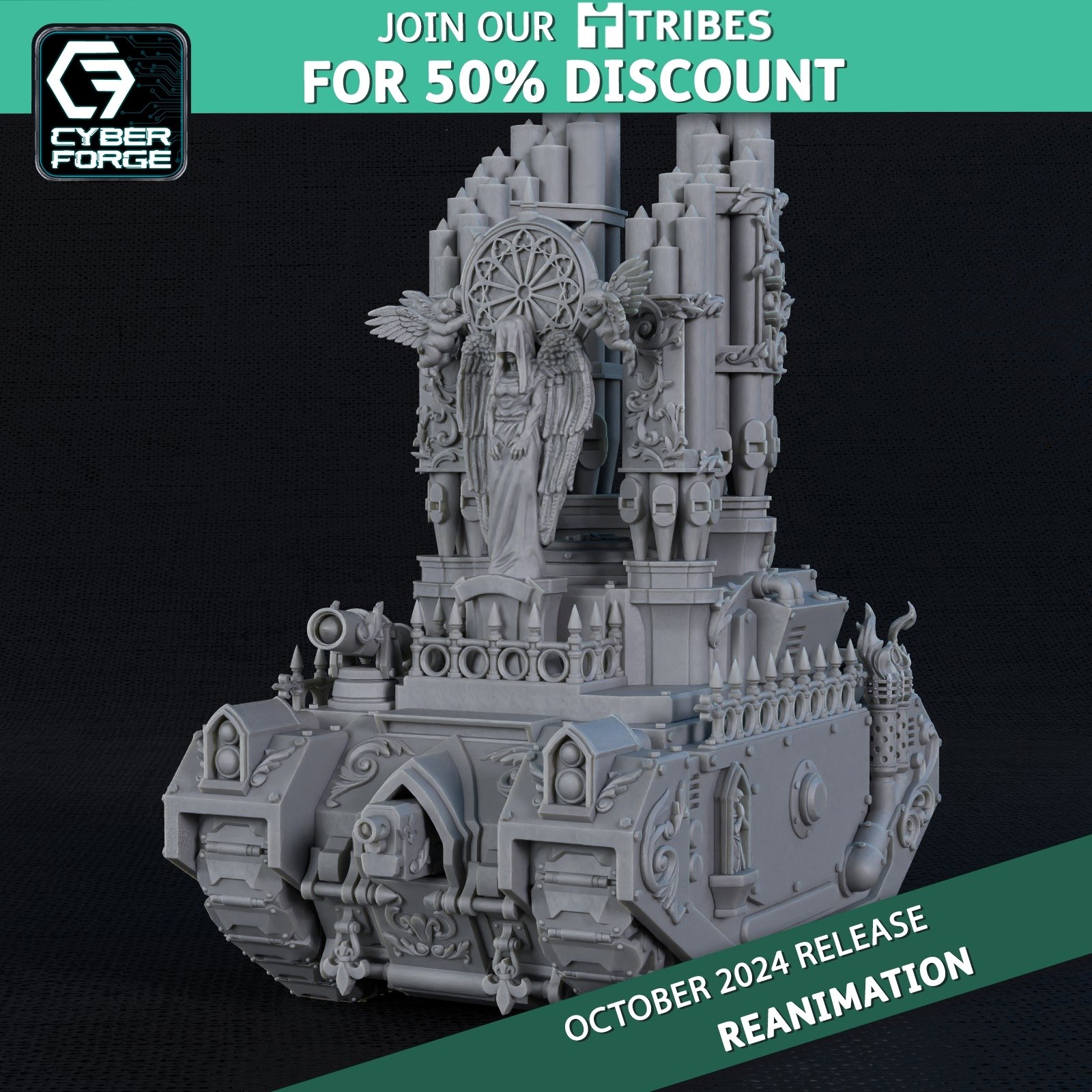 Tanque Exorcista de las Adepta Sororitas de Warhammer 40K con lanzamisiles y decoración religiosa